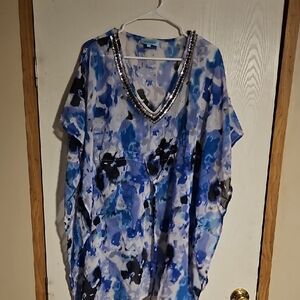 Elegant Blue and Black Blouse with Beaded Neckline